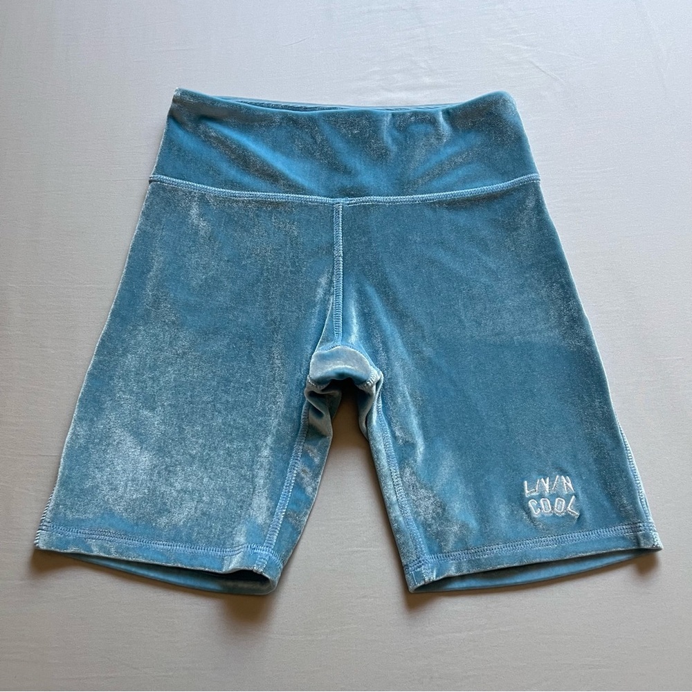 LIVIN COOL blue knit suede velour velvet embroidered logo bike shorts casual
